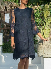 Sheath / Column Mother of the Bride Dress Elegant Jewel Neck Short / Mini Lace Tulle 3/4 Length Sleeve with Appliques