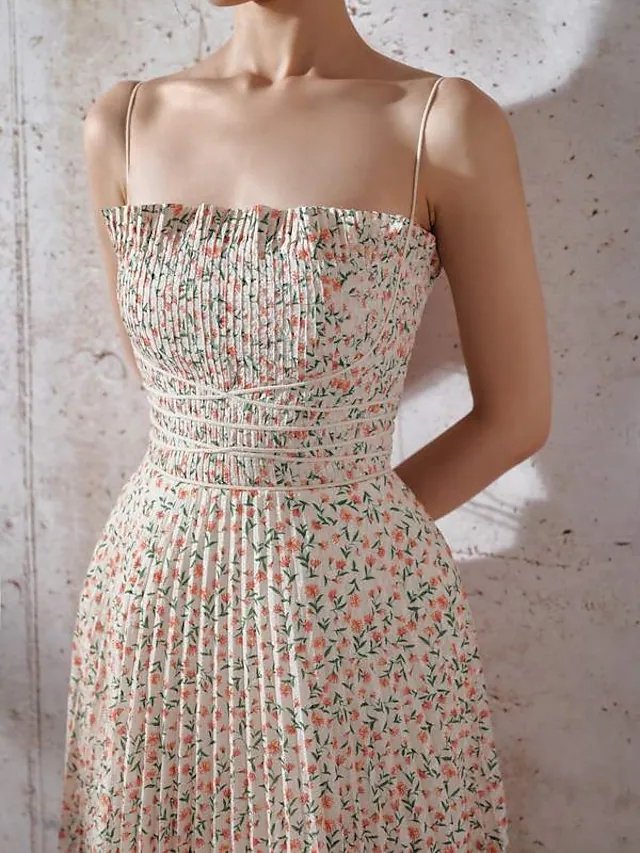 A-Line Minimalist Floral Holiday Prom Dress Spaghetti Strap Sleeveless Tea Length Polyster with Pleats Pattern / Print