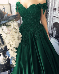 Lace Flower Off The Shoulder Satin Prom Dresses Ball Gowns