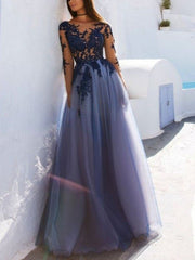 A-Line Scoop Long Sleeves Floor-Length With Applique Tulle Dresses