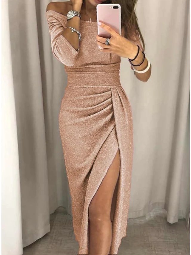 Sheath / Column Sparkle Sexy Party Wear Prom Dress Off Shoulder Half Sleeve Ankle Length Jersey with Ruched Split