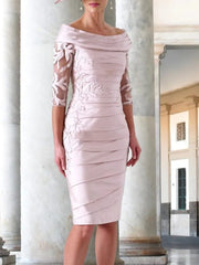 Sheath / Column Mother of the Bride Dress Elegant Off Shoulder Knee Length Taffeta Half Sleeve with Appliques Ruching