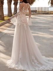 A-Line Wedding Dresses V Neck Sweep / Brush Train Lace Tulle Long Sleeve Beach Sexy Luxurious with Appliques