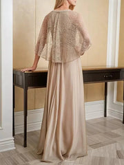 A-Line Mother of the Bride Dress Elegant Jewel Neck Floor Length Chiffon Lace 3/4 Length Sleeve with Beading