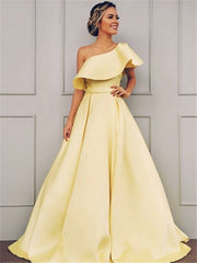 A-Line/Princess Sleeveless One-Shoulder Floor-Length Ruffles Satin Dresses