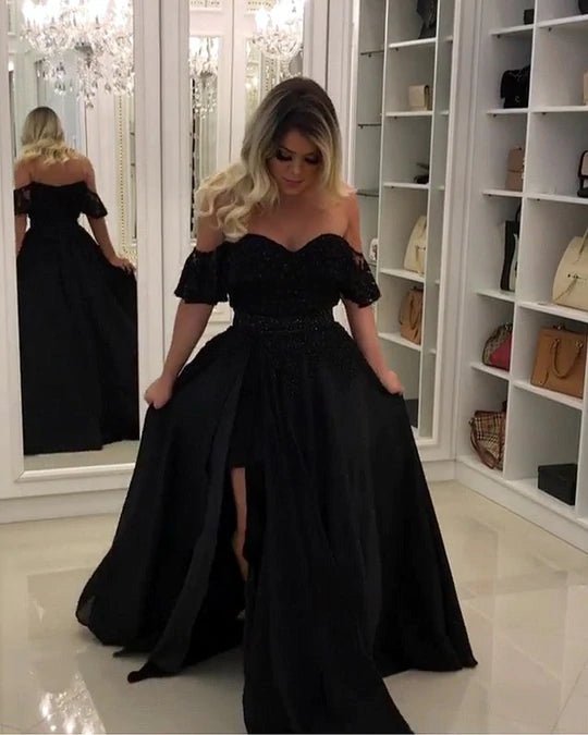 Elegant Black Lace Off The Shoulder Prom Dresses With Leg Slit