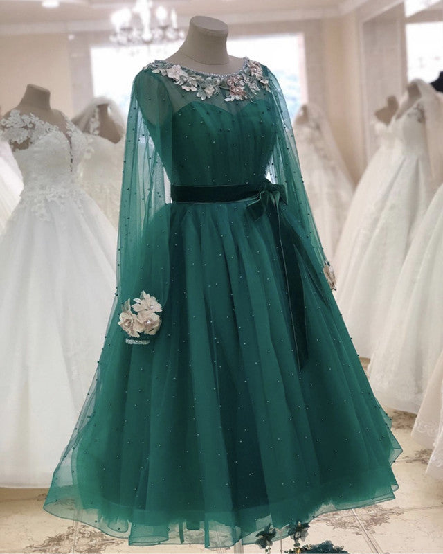 Tulle Tea Length Evening Dress Long Sleeves Embroidery Beaded