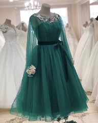 Tulle Tea Length Evening Dress Long Sleeves Embroidery Beaded
