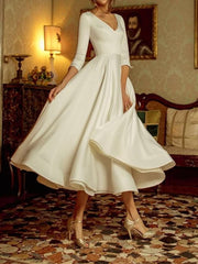 A-Line Wedding Dresses V Neck Tea Length Satin 3/4 Length Sleeve Simple Vintage Little White Dress 1950s with Pleats