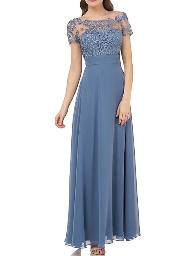 A-Line Mother of the Bride Dress Elegant Illusion Neck Floor Length Chiffon Short Sleeve with Appliques
