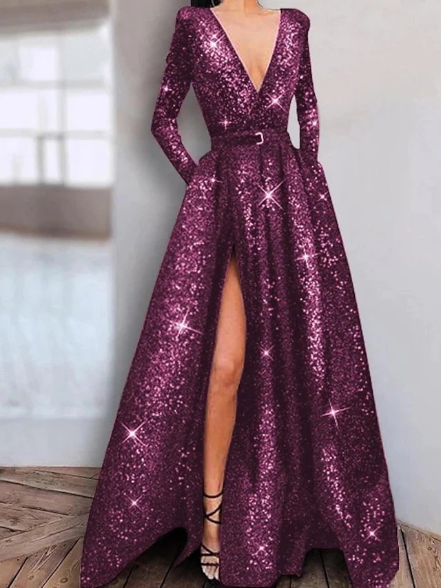 A-Line Sparkle Elegant Engagement Prom Dress V Neck Long Sleeve Floor Length Stretch Satin Sequined with Sequin Split