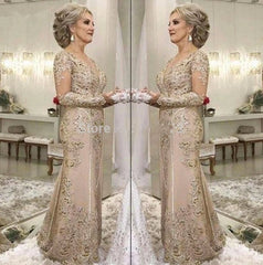 Plus Size Mother Of The Bride Dresses Mermaid V-neck Long Sleeves Tulle Appliques Beaded Long Wedding Party Dress Mother Dresses