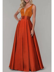 A-Line Sparkle Prom Formal Evening Dress V Neck Sleeveless Floor Length Satin with Pleats Sequin