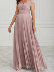 A-Line Mother of the Bride Dress Elegant Off Shoulder Floor Length Chiffon Sleeveless with Pleats Ruching