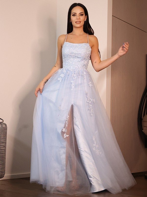 A-Line/Princess Lace Ruffles Spaghetti Straps Sleeveless Floor-Length Dresses