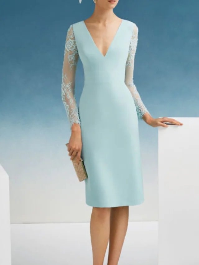 Sheath / Column Mother of the Bride Dress Elegant V Neck Knee Length Satin Long Sleeve with Embroidery