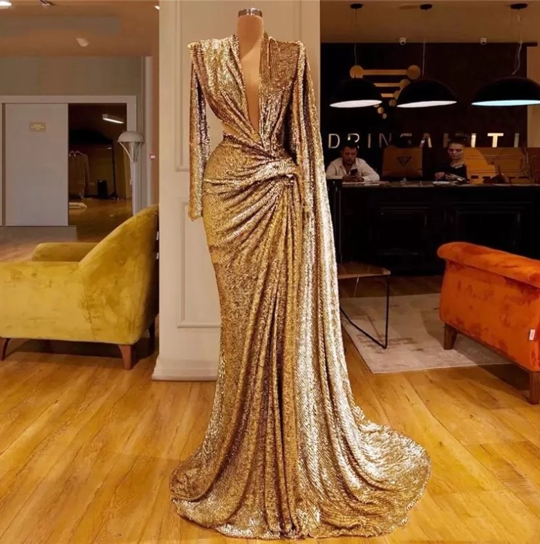 Gold Evening Dresses A-line V-neck Long Sleeves Sequins Long Turkey Dubai Saudi Arabic Evening Gown Prom Dresses