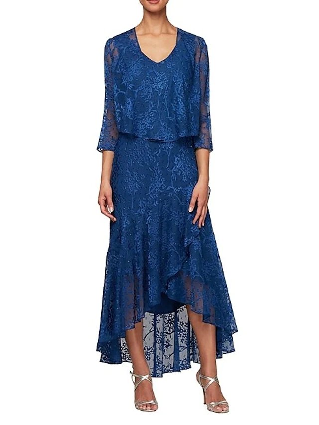 A-Line Mother of the Bride Dress Sexy V Neck Asymmetrical Lace 3/4 Length Sleeve with Pleats