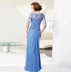 Sky Blue Mother Of The Bride Dresses A-line Half Sleeves Chiffon Appliques Beaded Long Groom Mother Dresses Wedding