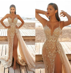 Champagne Mermaid High Split Prom Dresses robes de soirée Spaghetti Straps Lace Beaded Evening Gowns