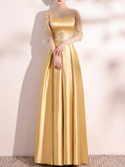A-Line Elegant Homecoming Formal Evening Dress Jewel Neck Half Sleeve Floor Length Satin with Appliques