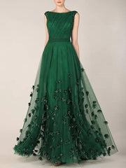 A-Line Elegant Floral Prom Formal Evening Dress Jewel Neck Sleeveless Floor Length Tulle with Beading Appliques