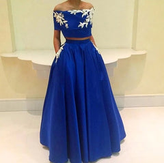 Royal Blue Robe De Soiree A-line Appliques Two Pieces Sexy Long Prom Dresses Prom Gown Evening Dresses