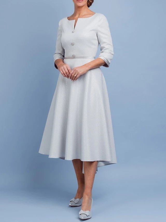 A-Line Mother of the Bride Dress Elegant Off Shoulder Tea Length Satin Half Sleeve with Pleats