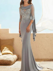 Sheath / Column Mother of the Bride Dress Elegant Jewel Neck Floor Length Chiffon Lace Half Sleeve with Appliques Ruching