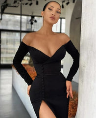Black Mermaid Prom Dresses V-Neck Spandex Satin Side Slit Long Sleeves Evening Dresses With Zippe