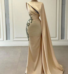 Champagne Robe De Soiree Sheath Floor Length Satin Beaded Long Prom Dresses Prom Gown Evening Dresses