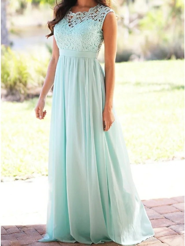 A-Line Jewel Neck Floor Length Chiffon / Lace Bridesmaid Dress with Lace / Pleats