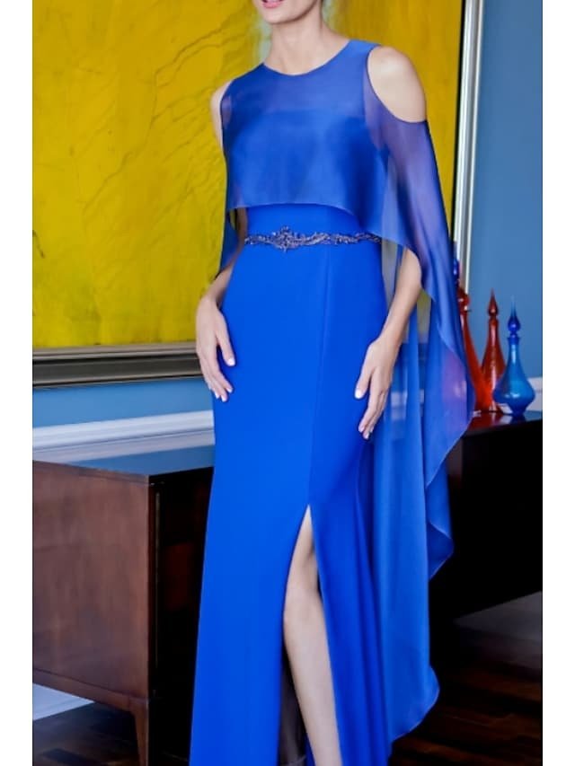 A-Line Mother of the Bride Dress Elegant Jewel Neck Floor Length Satin Charmeuse Short Sleeve with Split Front Ruching
