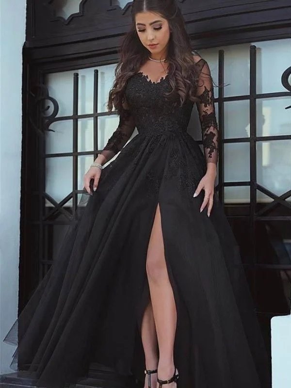 Ball Gown Long Sleeves Off-the-Shoulder Floor-Length Tulle Applique Dresses