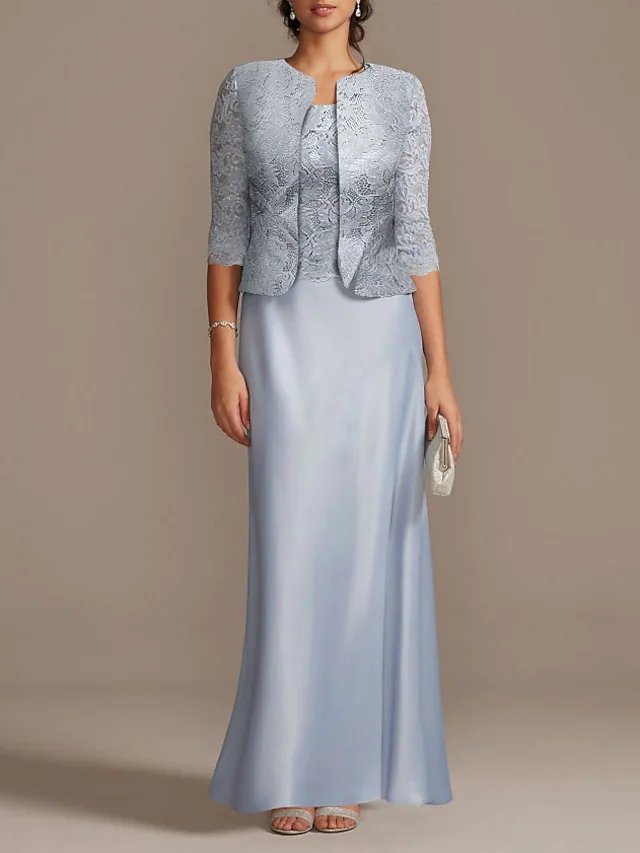 Sheath / Column Mother of the Bride Dress Elegant Scoop Neck Floor Length Polyester 3/4 Length Sleeve with Lace