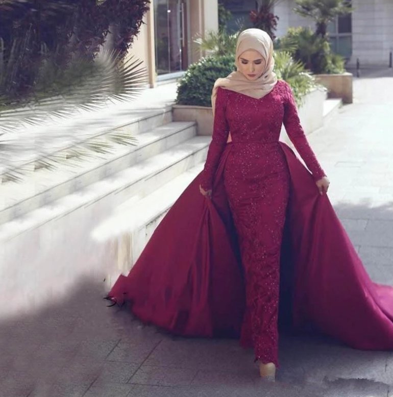 Detachable Muslim Evening Dresses Sheath Long Sleeves Lace Beaded Islamic Dubai Saudi Arabic Long Formal Evening Gown