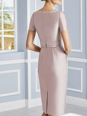Two Piece Sheath / Column Mother of the Bride Dress Luxurious Elegant Jewel Neck Knee Length Satin Short Sleeve with Pearls