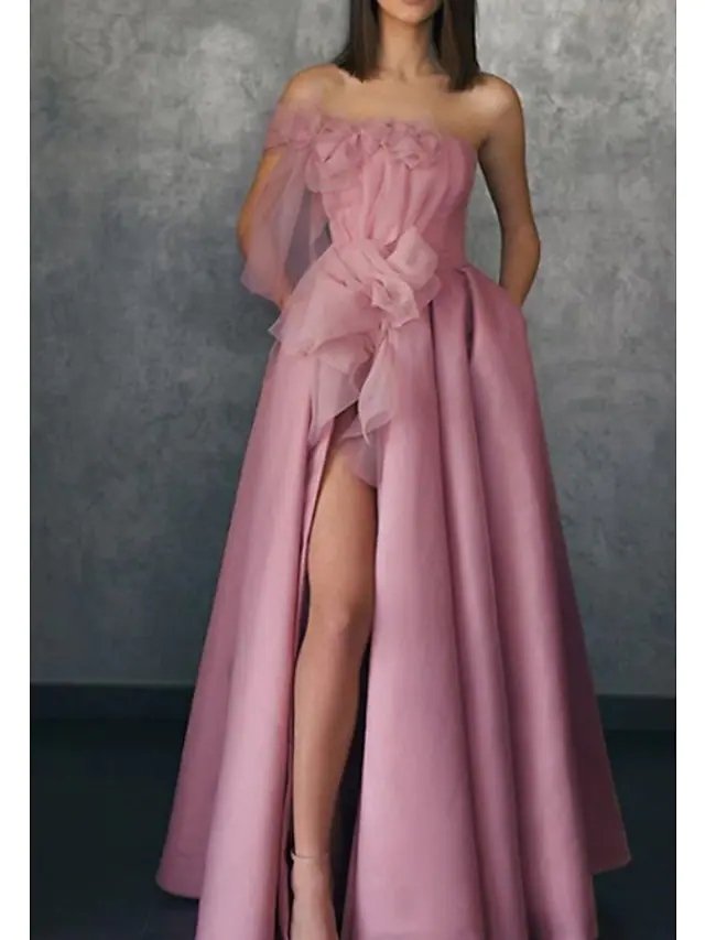 A-Line Floral Prom Formal Evening Dress One Shoulder Sleeveless Floor Length Stretch Satin with Appliques Split Front