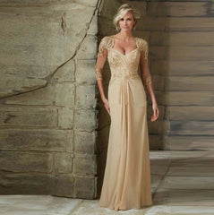 Champagne Mother Of The Bride Dresses A-line V-neck 3/4 Sleeves Chiffon Appliques Beaded Long Groom Mother Dresses For Wedding