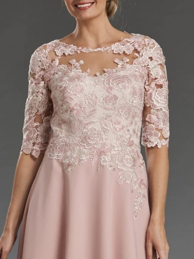 A-Line Mother of the Bride Dress Elegant Jewel Neck Knee Length Chiffon Lace Half Sleeve with Appliques