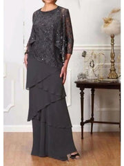 A-Line Mother of the Bride Dress Elegant Jewel Neck Floor Length Chiffon 3/4 Length Sleeve with Cascading Ruffles