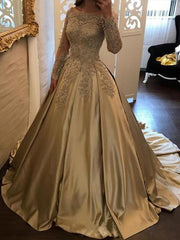 Ball Gown Long Sleeves Off-the-Shoulder Sweep/Brush Train Applique Satin Dresses