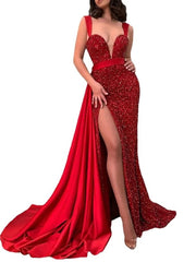Mermaid / Trumpet Sparkle Sexy Engagement Formal Evening Dress V Neck Sleeveless Sweep / Brush Train Sequined with Split