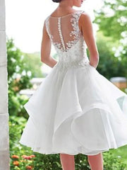 A-Line Wedding Dresses V Neck Knee Length Lace Organza Sleeveless Vintage 1950s with Appliques Cascading Ruffles