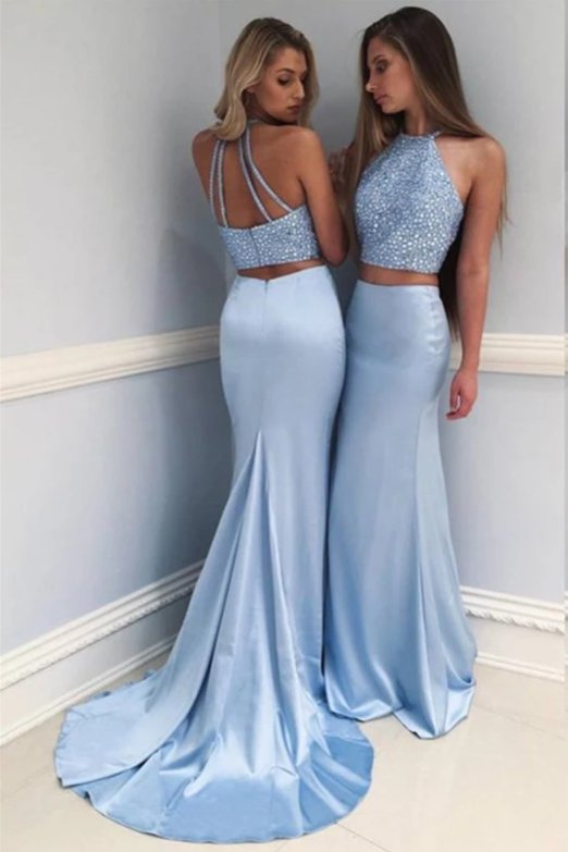 Sky Blue Robe De Soiree Mermaid Halter Beaded Two Pieces Sexy Plus Size Long Prom Dresses Prom Gown Evening Dresses
