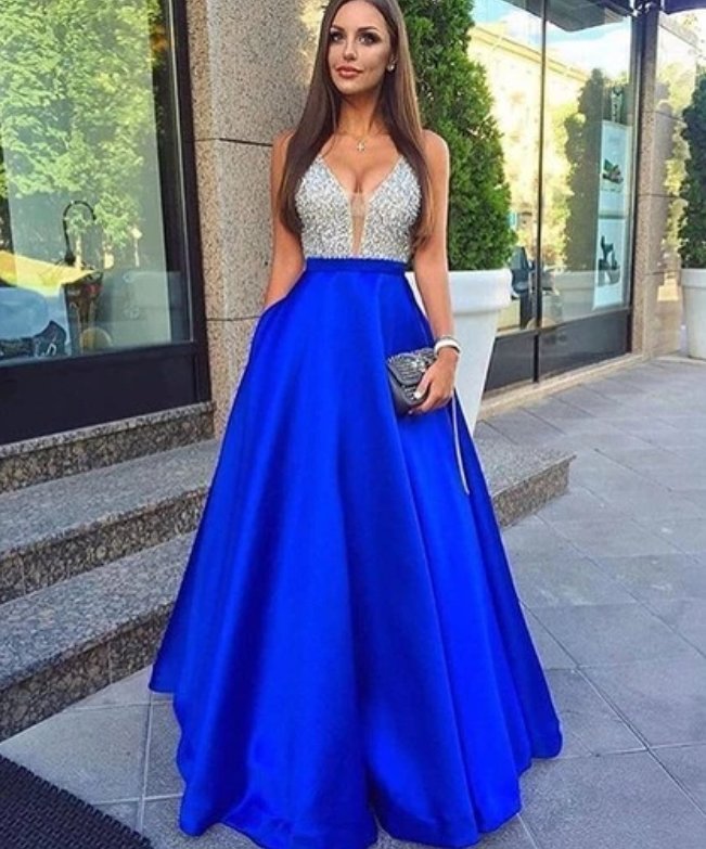 Royal Blue Robe De Soiree A-line Deep V-neck Tulle Beaded Crystals Sexy Long Party Prom Dresses Prom Gown Evening Dresses