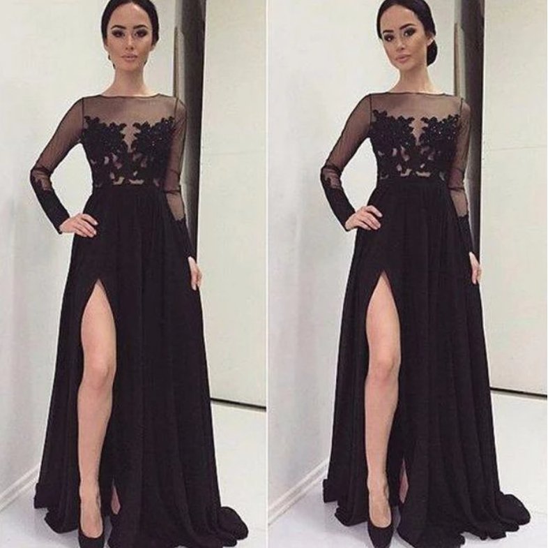 Black Robe De Soiree A-line Long Sleeves Chiffon Appliques Slit Sexy Long Prom Dresses Prom Gown Evening Dresses