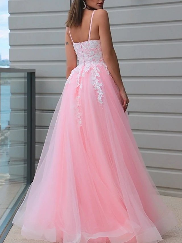 A-Line Empire Sexy Engagement Prom Dress V Neck Sleeveless Floor Length Lace Tulle with Appliques