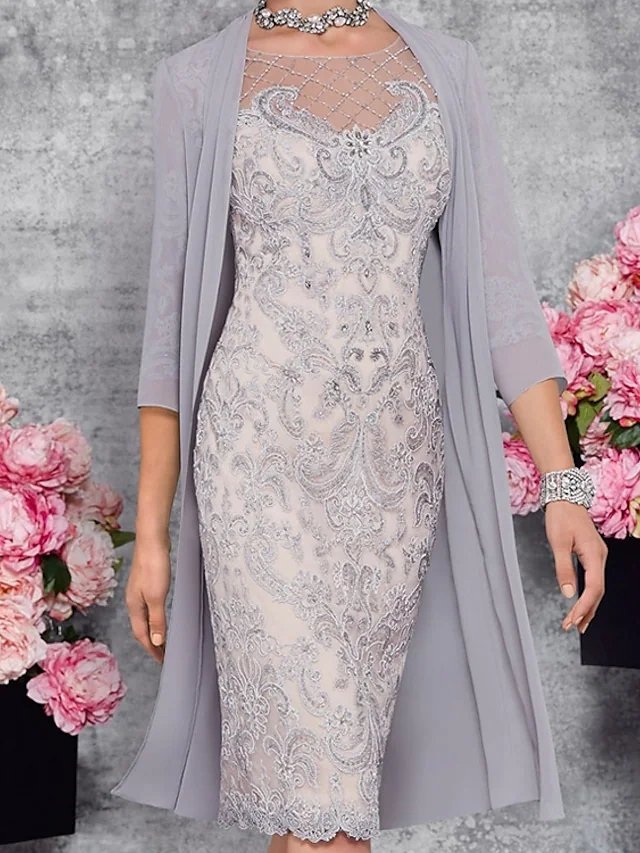 Two Piece Sheath / Column Mother of the Bride Dress Elegant Illusion Neck Knee Length Lace 3/4 Length Sleeve
