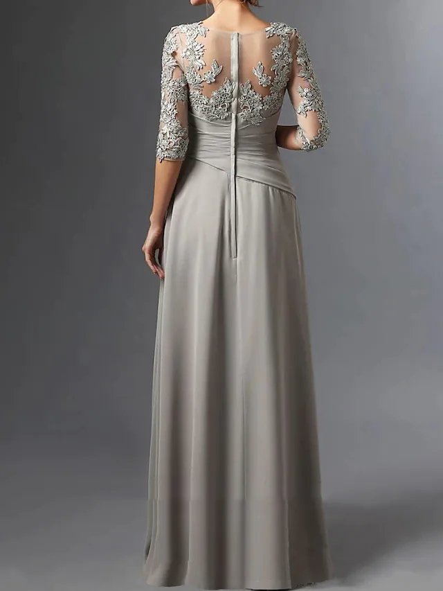 Sheath / Column Mother of the Bride Dress Elegant Square Neck Floor Length Chiffon Lace Half Sleeve with Ruching